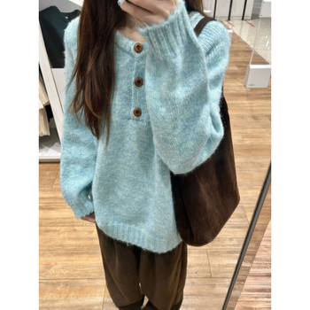Džemper od pletene tkanine s okruglim izrezom, raglan rukavi, udoban široki kroj, poliester pletene tkanine (30–50% poliester), japansko-korejski casual stil, džemper