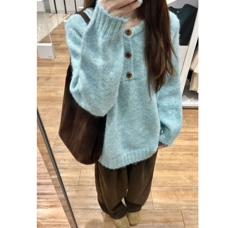 Džemper od pletene tkanine s okruglim izrezom, raglan rukavi, udoban široki kroj, poliester pletene tkanine (30–50% poliester), japansko-korejski casual stil, džemper