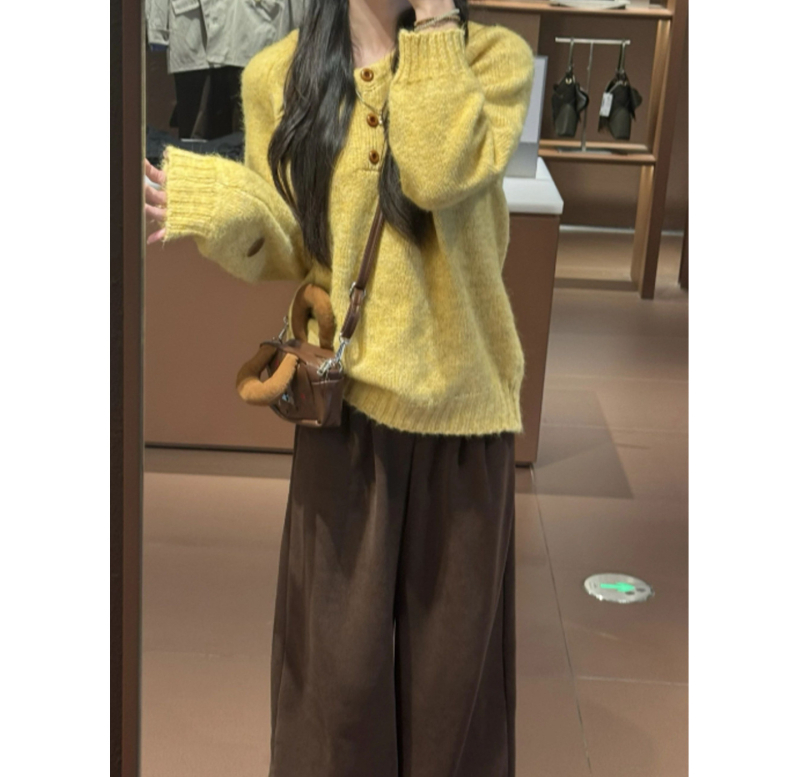Džemper od pletene tkanine s okruglim izrezom, raglan rukavi, udoban široki kroj, poliester pletene tkanine (30–50% poliester), japansko-korejski casual stil, džemper