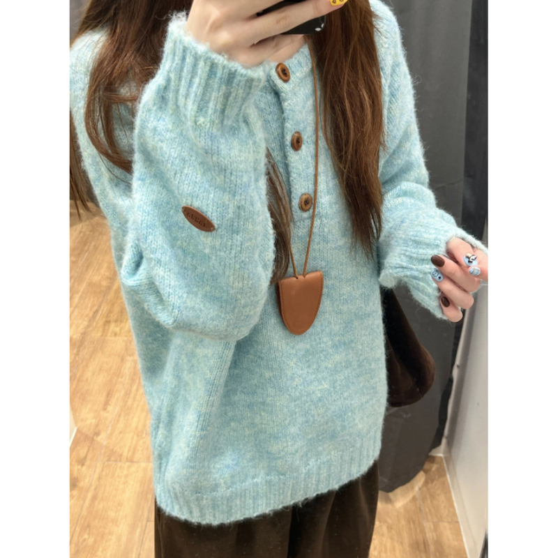 Džemper od pletene tkanine s okruglim izrezom, raglan rukavi, udoban široki kroj, poliester pletene tkanine (30–50% poliester), japansko-korejski casual stil, džemper