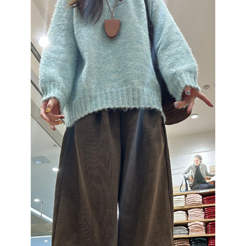 Džemper od pletene tkanine s okruglim izrezom, raglan rukavi, udoban široki kroj, poliester pletene tkanine (30–50% poliester), japansko-korejski casual stil, džemper