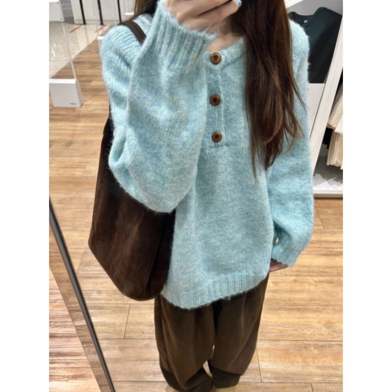 Džemper od pletene tkanine s okruglim izrezom, raglan rukavi, udoban široki kroj, poliester pletene tkanine (30–50% poliester), japansko-korejski casual stil, džemper