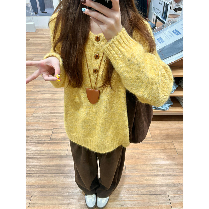 Džemper od pletene tkanine s okruglim izrezom, raglan rukavi, udoban široki kroj, poliester pletene tkanine (30–50% poliester), japansko-korejski casual stil, džemper