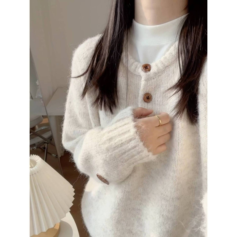 Džemper od pletene tkanine s okruglim izrezom, raglan rukavi, udoban široki kroj, poliester pletene tkanine (30–50% poliester), japansko-korejski casual stil, džemper