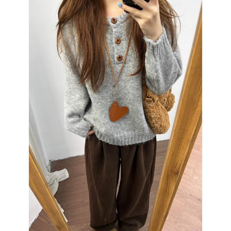 Džemper od pletene tkanine s okruglim izrezom, raglan rukavi, udoban široki kroj, poliester pletene tkanine (30–50% poliester), japansko-korejski casual stil, džemper