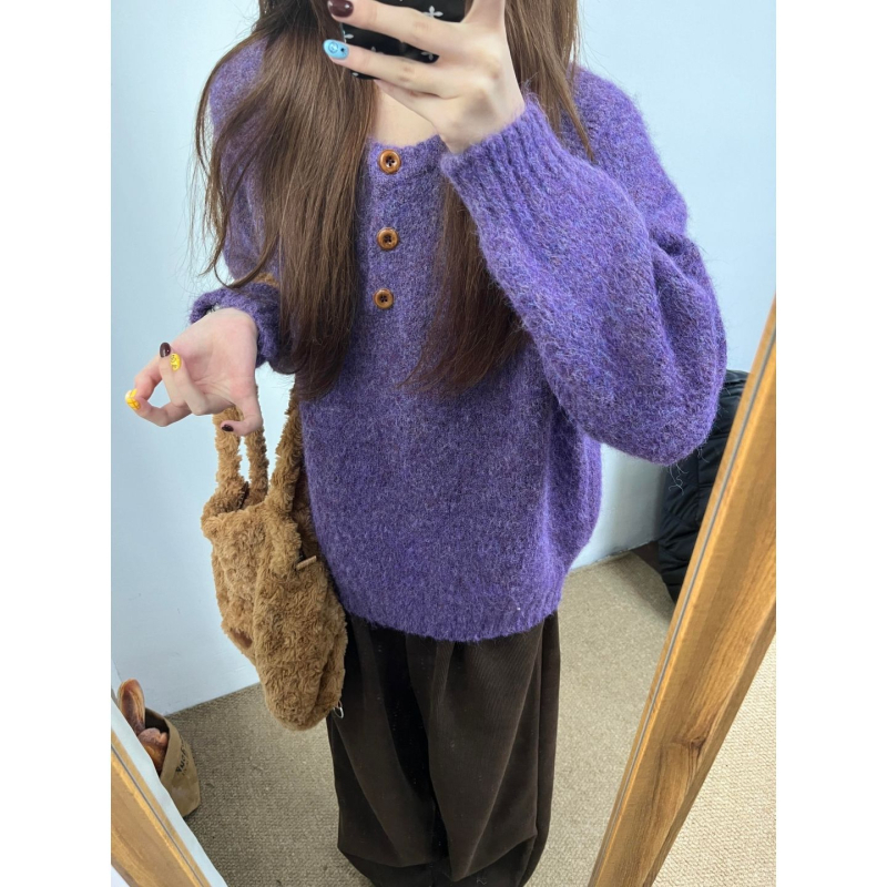 Džemper od pletene tkanine s okruglim izrezom, raglan rukavi, udoban široki kroj, poliester pletene tkanine (30–50% poliester), japansko-korejski casual stil, džemper