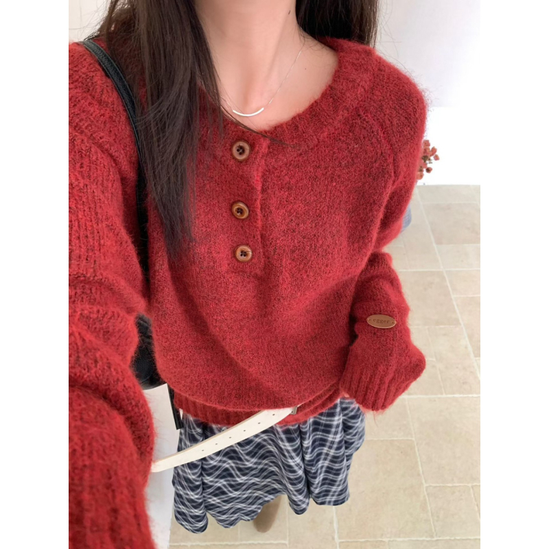 Džemper od pletene tkanine s okruglim izrezom, raglan rukavi, udoban široki kroj, poliester pletene tkanine (30–50% poliester), japansko-korejski casual stil, džemper