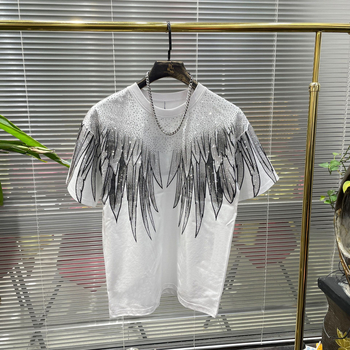 Tricou din bumbac, cu imprimeu geometric și cristale, croi lejer, guler rotund