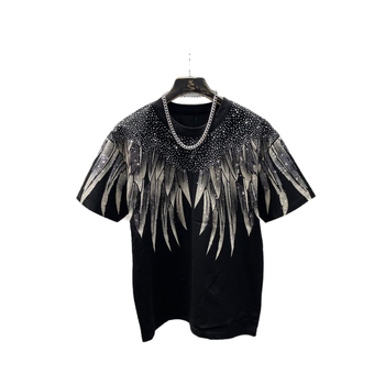 Tricou din bumbac, cu imprimeu geometric și cristale, croi lejer, guler rotund
