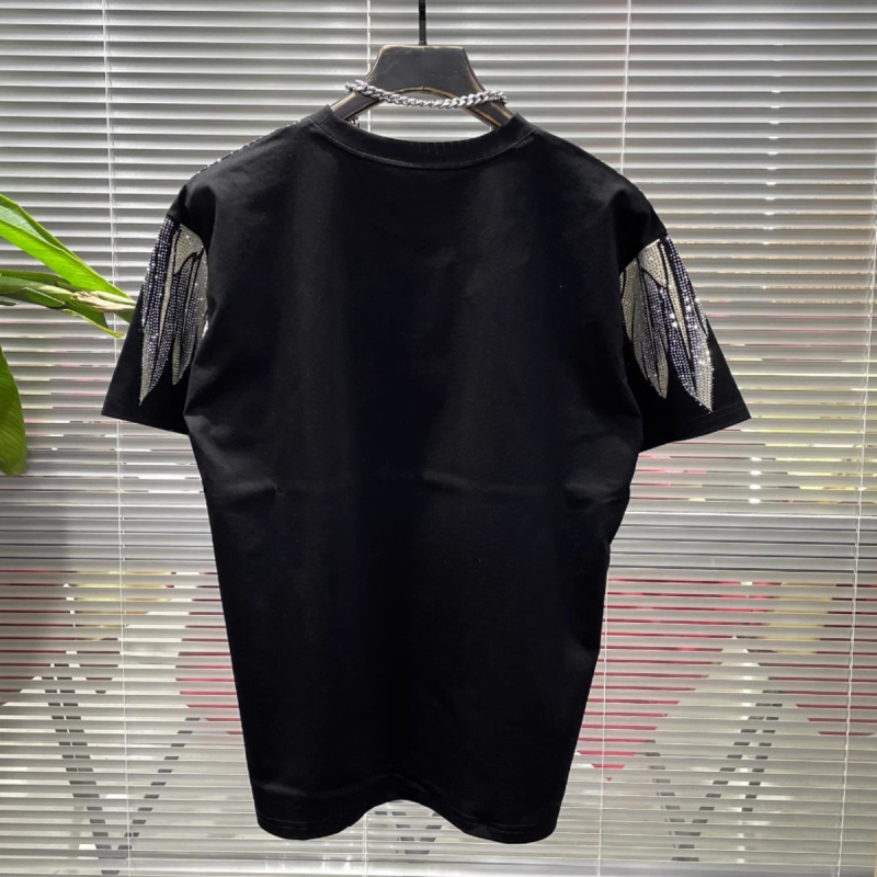 Tricou din bumbac, cu imprimeu geometric și cristale, croi lejer, guler rotund
