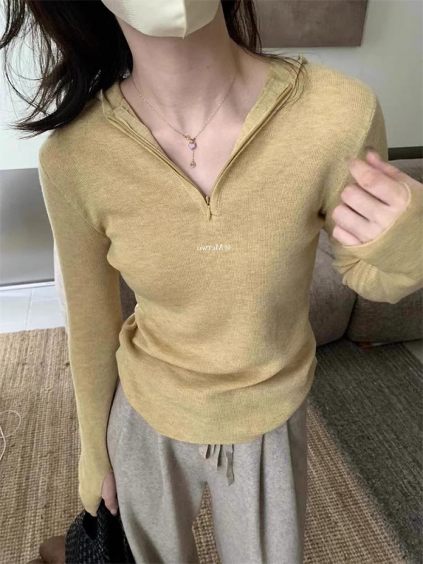 Pulover tricotat în stil coreean, călduros, guler semi-deschis, croială slim, mâneci lungi, culoare solidă
