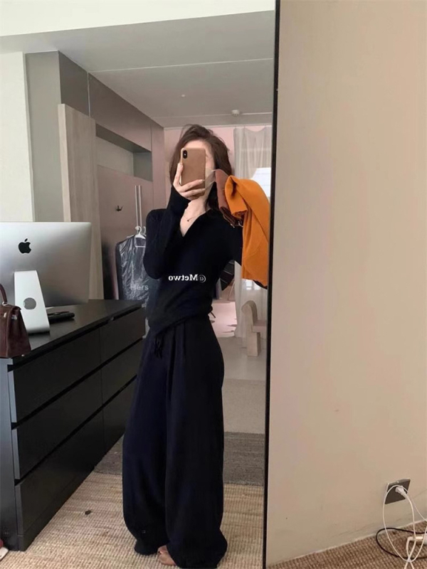 Pulover tricotat în stil coreean, călduros, guler semi-deschis, croială slim, mâneci lungi, culoare solidă