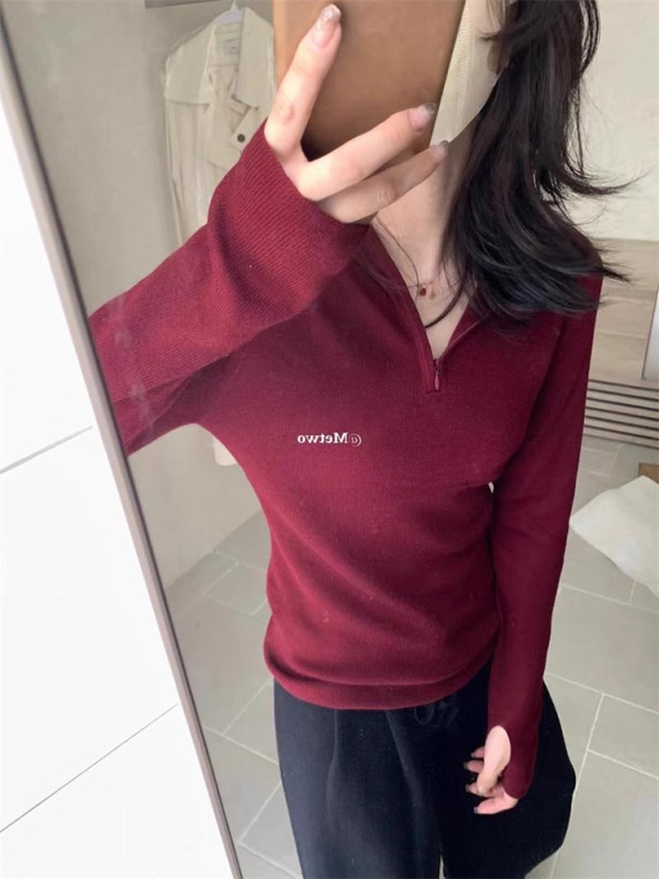 Pulover tricotat în stil coreean, călduros, guler semi-deschis, croială slim, mâneci lungi, culoare solidă