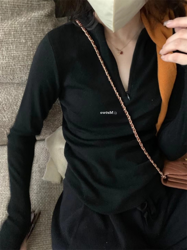 Pulover tricotat în stil coreean, călduros, guler semi-deschis, croială slim, mâneci lungi, culoare solidă