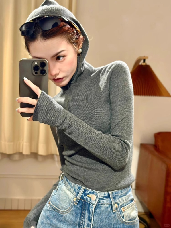 Pulover tricotat în stil coreean, călduros, guler semi-deschis, croială slim, mâneci lungi, culoare solidă