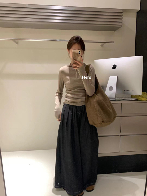 Pulover tricotat în stil coreean, călduros, guler semi-deschis, croială slim, mâneci lungi, culoare solidă