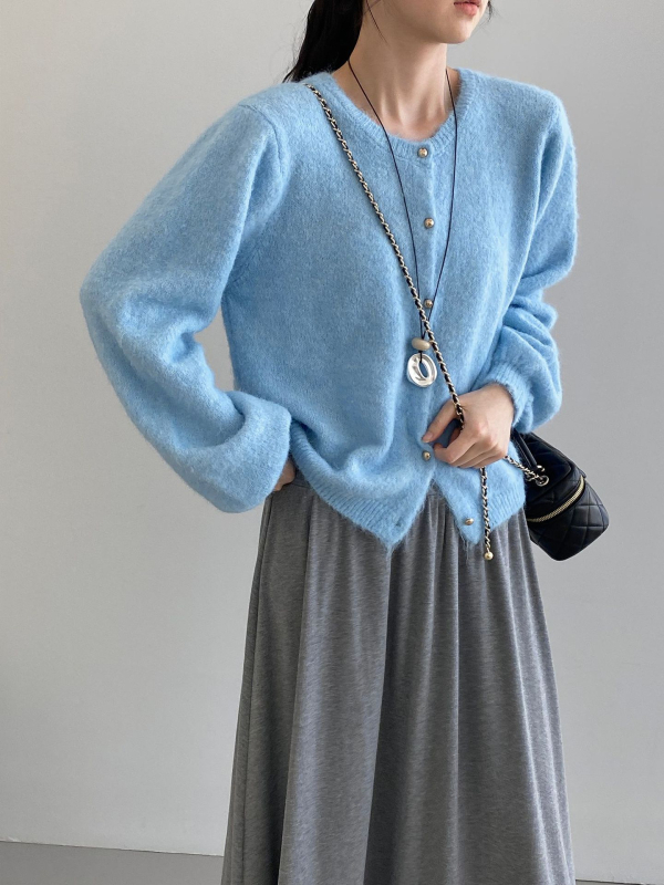 Pulover din lână amestec, guler rotund, mâneci tip lanternă, croială lejeră, unicolor