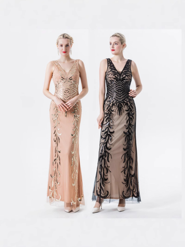 Вечерна рокля с пайети, дълбоко V-деколте, тясно прилепнал силует, полиестер, пролет 2025, подходяща за банкети и хотелски събития