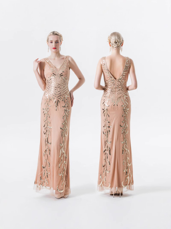 Вечерна рокля с пайети, дълбоко V-деколте, тясно прилепнал силует, полиестер, пролет 2025, подходяща за банкети и хотелски събития