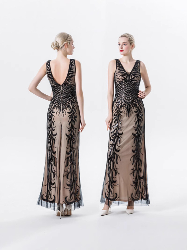 Вечерна рокля с пайети, дълбоко V-деколте, тясно прилепнал силует, полиестер, пролет 2025, подходяща за банкети и хотелски събития