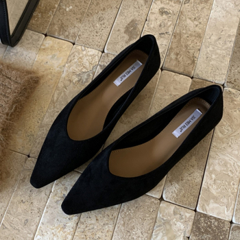 Női Mary Jane cipő, hegyes orr, alacsony ferde sarok, velúr felsőrész, gumírozott talp, slip-on