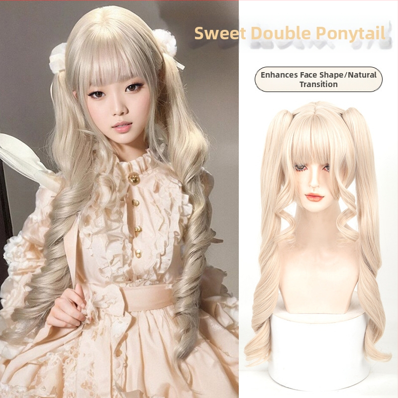 COS paruka s odnímateľnou dvojitou copou, kučeravé vlasy, vysokoteplotné hodvábne vlasy, mechanická výroba, nie je možné farbiť, model MGA-Y0028