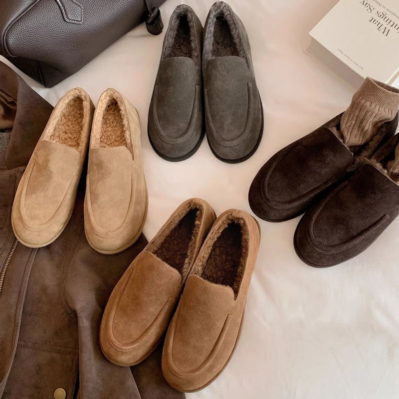 Γυναικεία παπούτσια από βελούδινο επάνω μέρος, εσωτερική επένδυση από τεχνητή γούνα, χωρίς κορδόνια, στρογγυλή μύτη, καουτσούκ σόλα