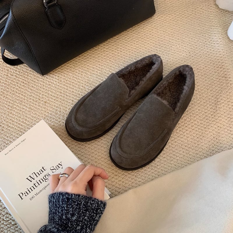 Γυναικεία παπούτσια από βελούδινο επάνω μέρος, εσωτερική επένδυση από τεχνητή γούνα, χωρίς κορδόνια, στρογγυλή μύτη, καουτσούκ σόλα