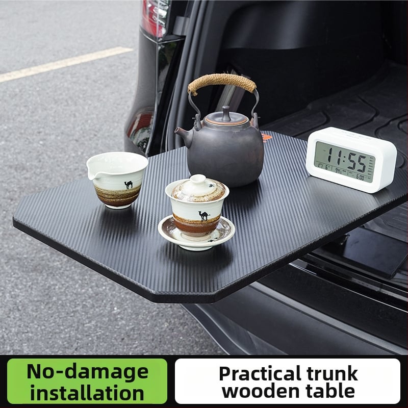 CHONGTENG Stolík do batožinového priestoru auta – drevený, zapínanie na klik, zloženie, demontáž, rotácia