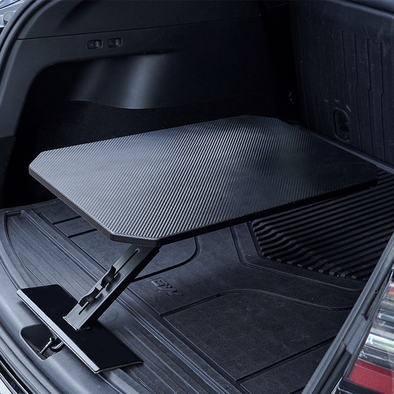 CHONGTENG Stolík do batožinového priestoru auta – drevený, zapínanie na klik, zloženie, demontáž, rotácia