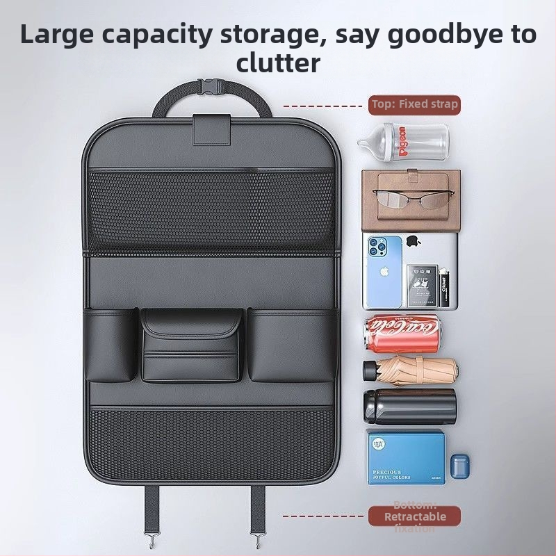 Automobilio galinės sėdynės organizatorius su sulankstomu staleliu, servetėlių dėžute ir puodelių laikikliu – universalus suderinamumas