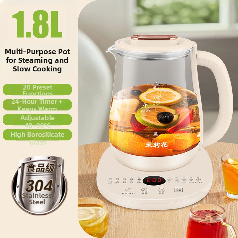 Zdravotná kanvička s jazmínom pre domáce a kancelárske použitie — sklenené telo, 1,8 L, 220 V, 500–1000 W, dotykový elektronický termostat