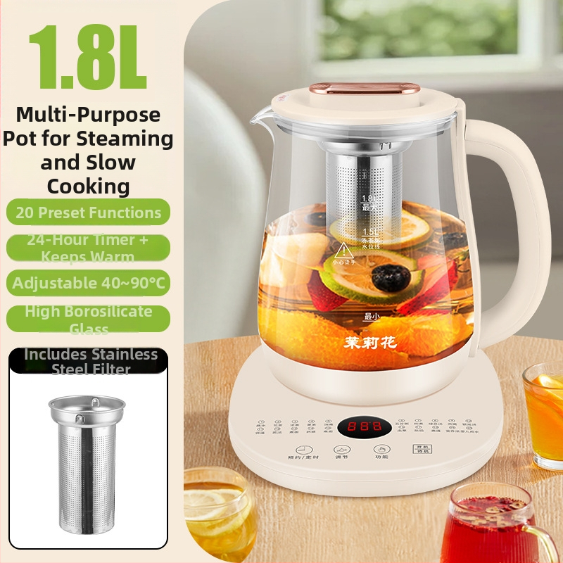 Zdravotná kanvička s jazmínom pre domáce a kancelárske použitie — sklenené telo, 1,8 L, 220 V, 500–1000 W, dotykový elektronický termostat