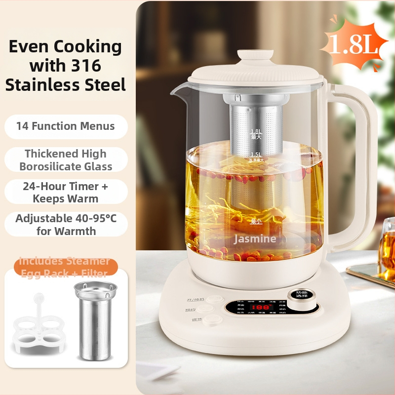 Zdravotná kanvička s jazmínom pre domáce a kancelárske použitie — sklenené telo, 1,8 L, 220 V, 500–1000 W, dotykový elektronický termostat