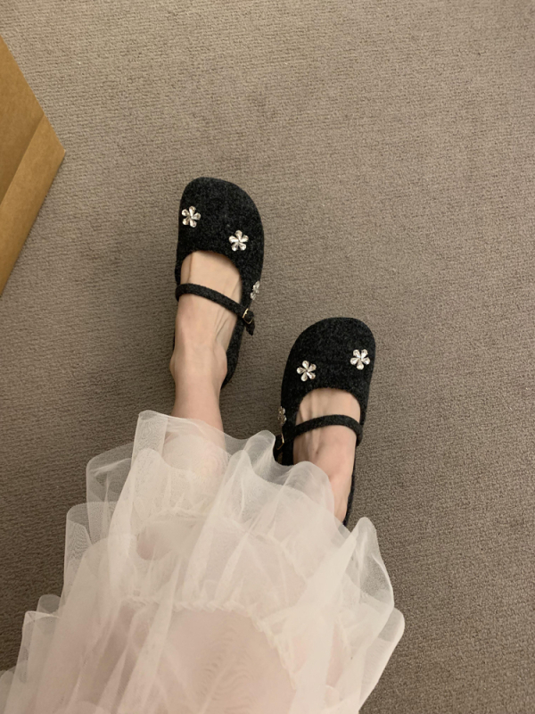 Pantofi Mary Jane pentru femei, vârf rotund, suprafață din pluș artificial, căptușeală din blană artificială, toc 6–8 cm