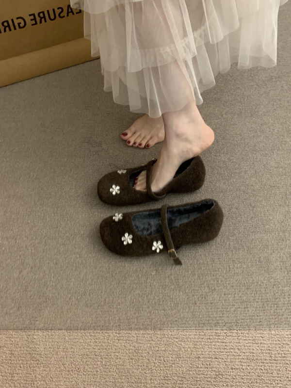 Pantofi Mary Jane pentru femei, vârf rotund, suprafață din pluș artificial, căptușeală din blană artificială, toc 6–8 cm