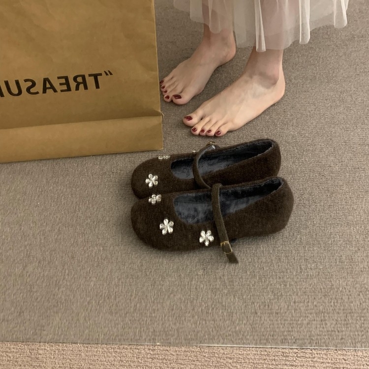 Pantofi Mary Jane pentru femei, vârf rotund, suprafață din pluș artificial, căptușeală din blană artificială, toc 6–8 cm