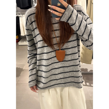 Pulover tricot cu mâneci lungi, guler rotund, croială lejeră, poliester, grosime regular, toamnă 2025, stil casual japonezo-coreean