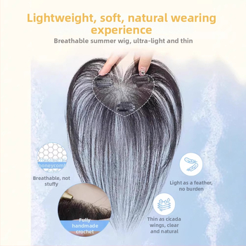 Príčesok z pravých vlasov, úplne ručne tkaný diel, frufru v tvare čísla 8 pre zakrytie línie vlasov; neviditeľný, prirodzený, ľahký a dýchajúci (Materiál: pravé vlasy; Spracovanie: ručné tkanie; Frufru: v tvare osmičky; Farbenie: povolené)