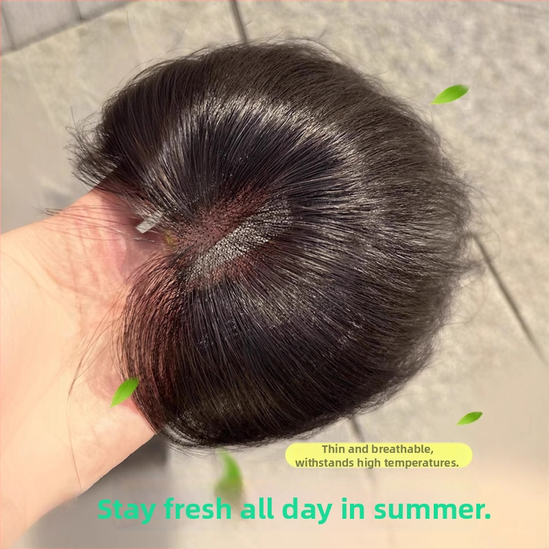 Príčesok z pravých vlasov, úplne ručne tkaný diel, frufru v tvare čísla 8 pre zakrytie línie vlasov; neviditeľný, prirodzený, ľahký a dýchajúci (Materiál: pravé vlasy; Spracovanie: ručné tkanie; Frufru: v tvare osmičky; Farbenie: povolené)