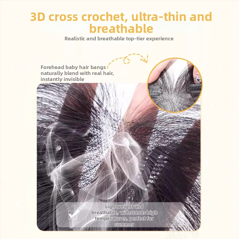 Natūraliai plaukų parukos dalis, visiškai rankomis austas gabalas, uždengiant plaukų liniją, aštuonių formos kirpčiukai; nematoma, natūrali, lengva ir kvėpuojanti (Medžiaga: natūralūs plaukai; Apdorojimas: rankomis austas; Kirpčiukai: aštuonių formos; Dažy