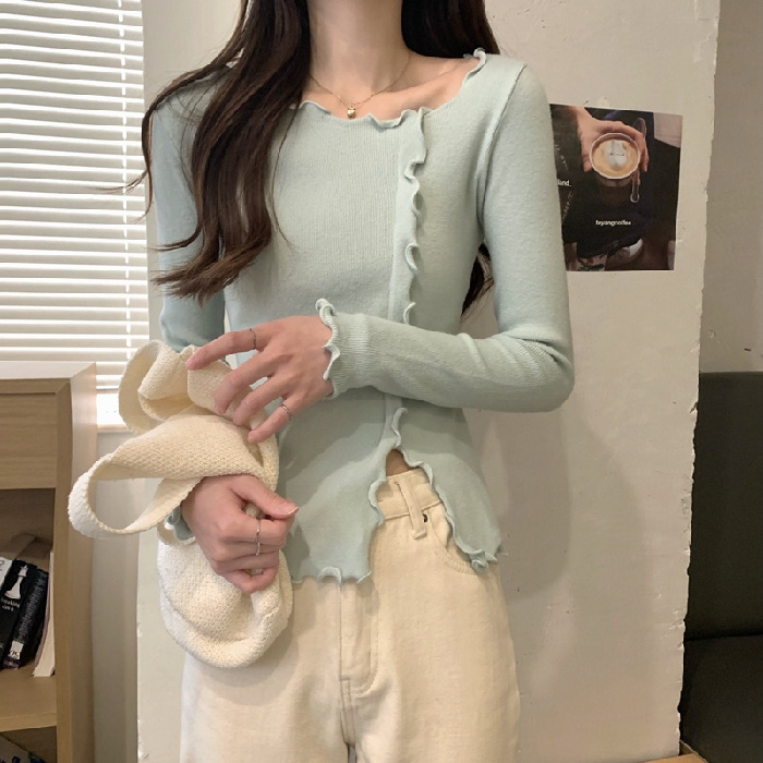 Dámsky dlhý rukáv pletený top s polo golierom, vzor color-block, štíhla postava, polyester