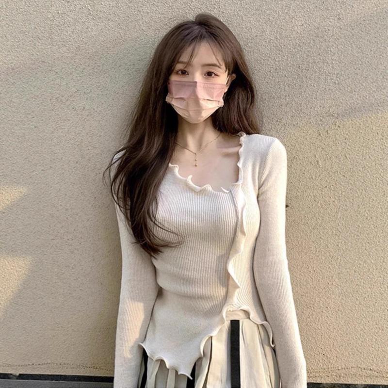 Dámsky dlhý rukáv pletený top s polo golierom, vzor color-block, štíhla postava, polyester