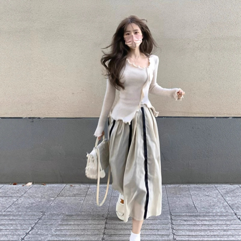 Dámsky dlhý rukáv pletený top s polo golierom, vzor color-block, štíhla postava, polyester