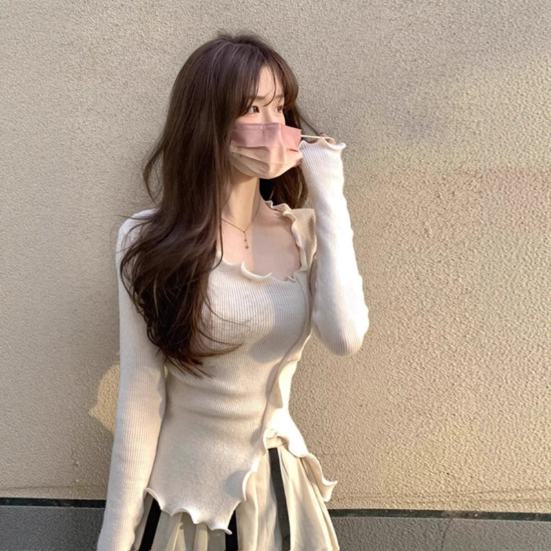 Dámsky dlhý rukáv pletený top s polo golierom, vzor color-block, štíhla postava, polyester