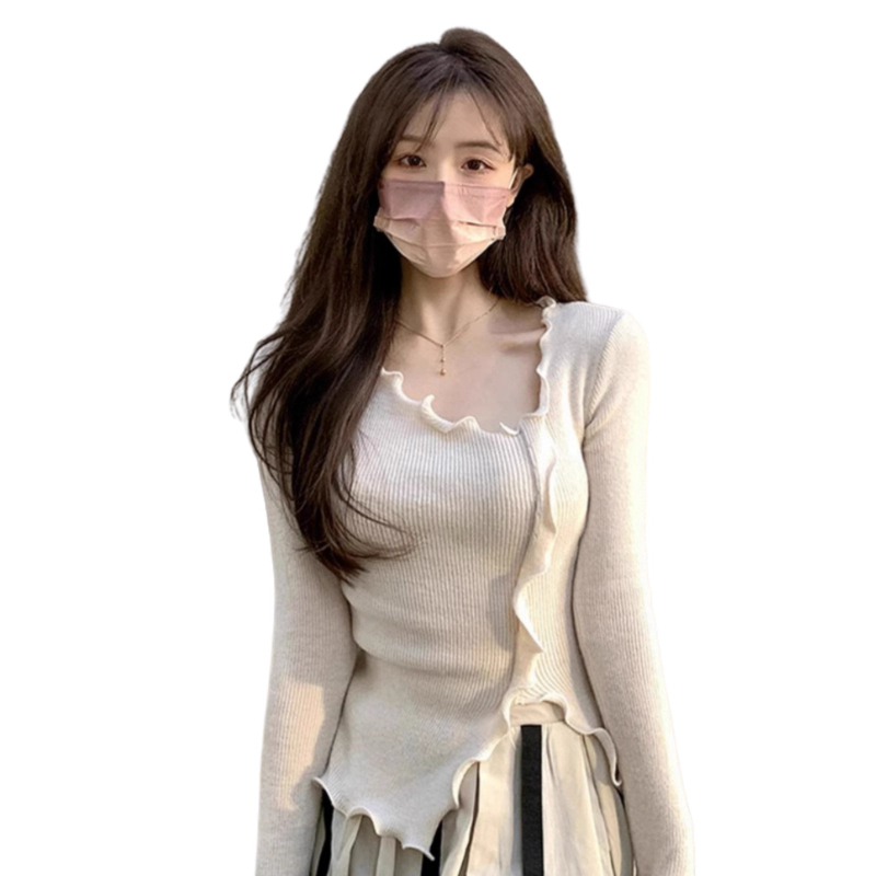 Dámsky dlhý rukáv pletený top s polo golierom, vzor color-block, štíhla postava, polyester