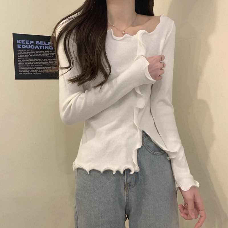 Dámsky dlhý rukáv pletený top s polo golierom, vzor color-block, štíhla postava, polyester