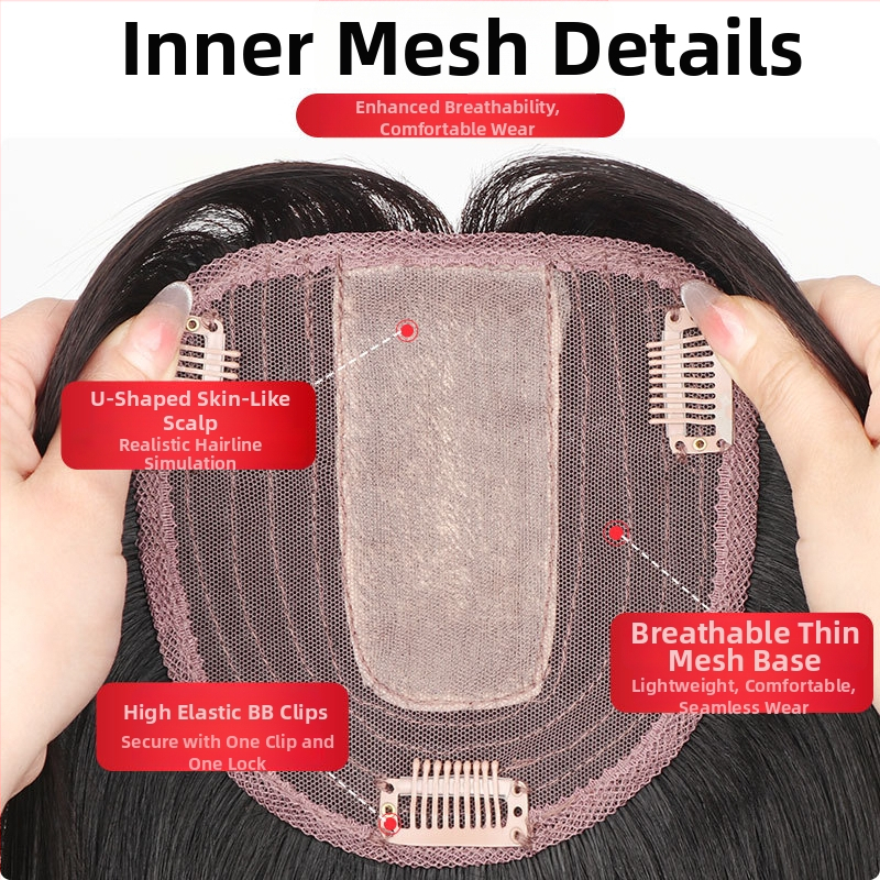 Viršutinės parukos gabalas iš tikrų žmogaus plaukų, tiesus, 20–30 cm, kvėpuojantis, dažomas, suteikia apimtį pilkų plaukų slėpimui