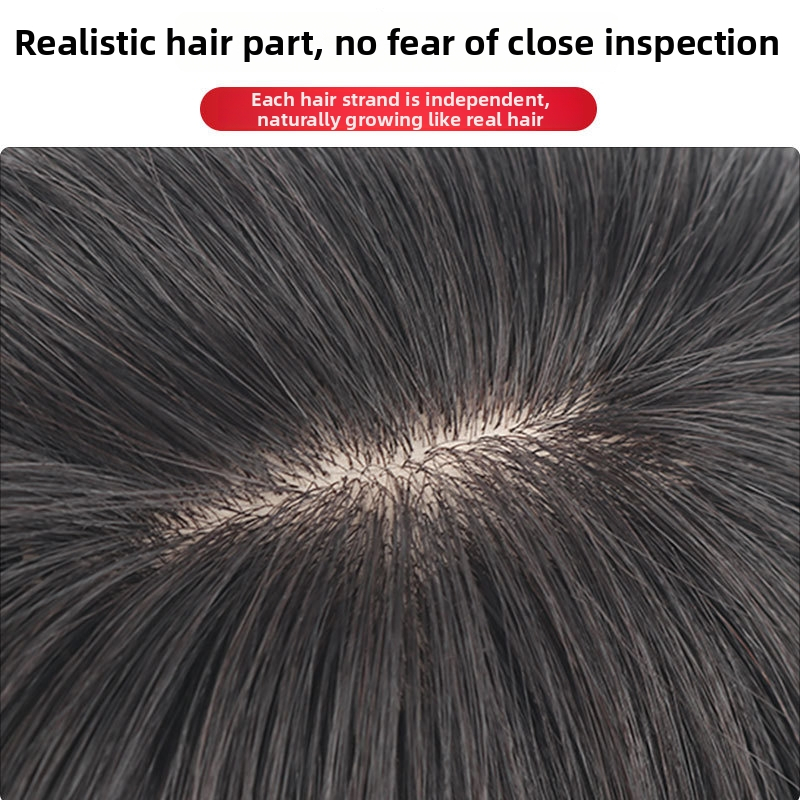 Viršutinės parukos gabalas iš tikrų žmogaus plaukų, tiesus, 20–30 cm, kvėpuojantis, dažomas, suteikia apimtį pilkų plaukų slėpimui