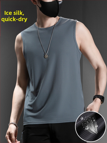 Muški tank top bez rukava, Ice Silk tkanina, labav kroj, jednobojni uzorak, Nylon/Poliamid 90%